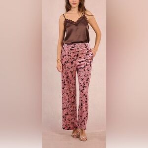 Molly Bracken KNITTED PANTS Floral Velvet Wide Leg Pants Medium Pink
